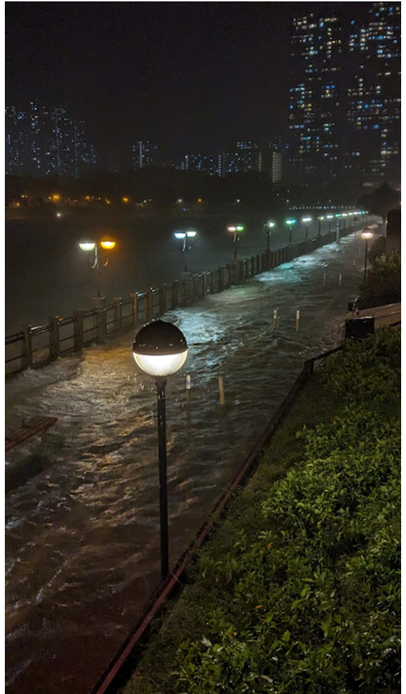 蘇拉引起的風暴潮導致沙田城門河出現水浸。(鳴謝相片來源：Poon Chi Ming)。
