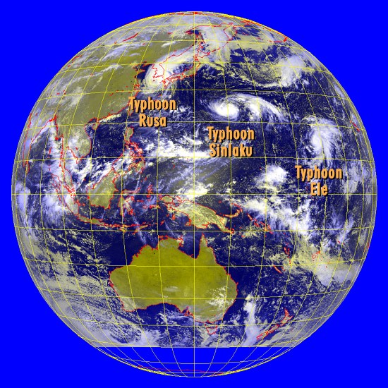 Flight of typhoon trio (Image time - 10:32 a.m., 31 August 2002)