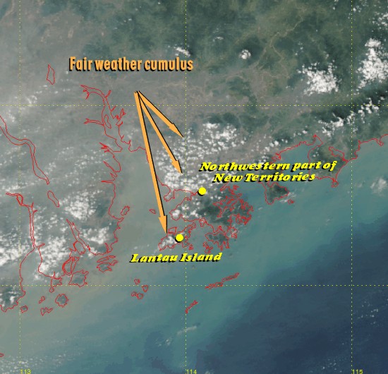 Fair weather cumulus along coast of Guangdong (Image time - 1:14 p.m., 28 October 2004)