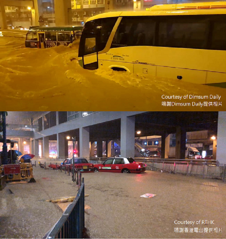 Serious flooding in Kwun Tong Road on the morning of 6 June 2020
