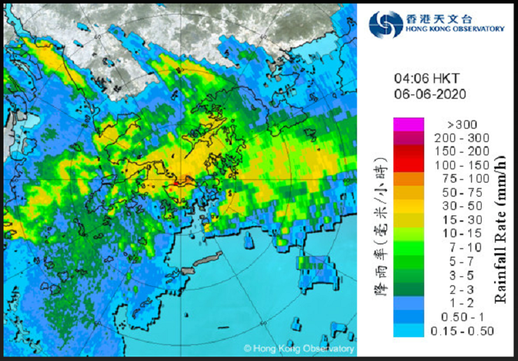 Radar imagery during Black Rainstorm Warning Signal at 4:06 a.m. on 6 June 2020