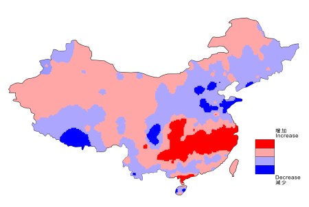 圖六     1969 至 2000 年間的夏季(6 月至 8 月)平均降雨量趨勢，顯示華中地區(紅色部分)有上升趨勢，但中國東北部(藍色部分)則呈現下降趨勢