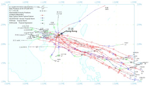 圖 3     導致維港出現最高 20 次風暴潮的熱帶氣旋路徑