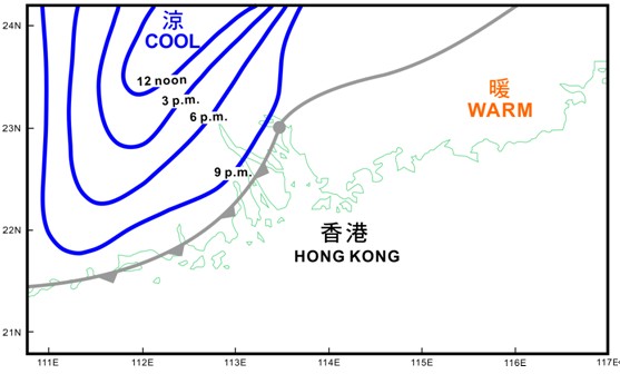 10月5日中午到下午9時22°C等温線向南擴散的示意圖,下午9時的低壓區中心和冷鋒以灰線符號標記。
