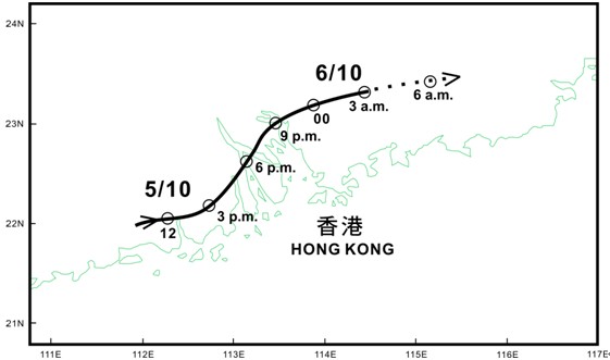 10月5日中午至6日上午前期低壓區中心移動示意圖。