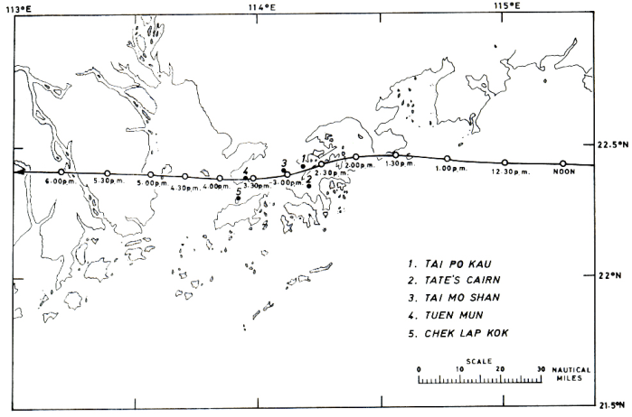  颱風荷貝在一九七九年八月二日接近香港時的風眼軌跡