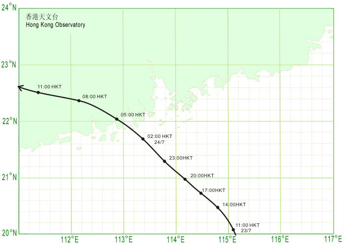 韋森特（1208）接近香港時的路徑圖