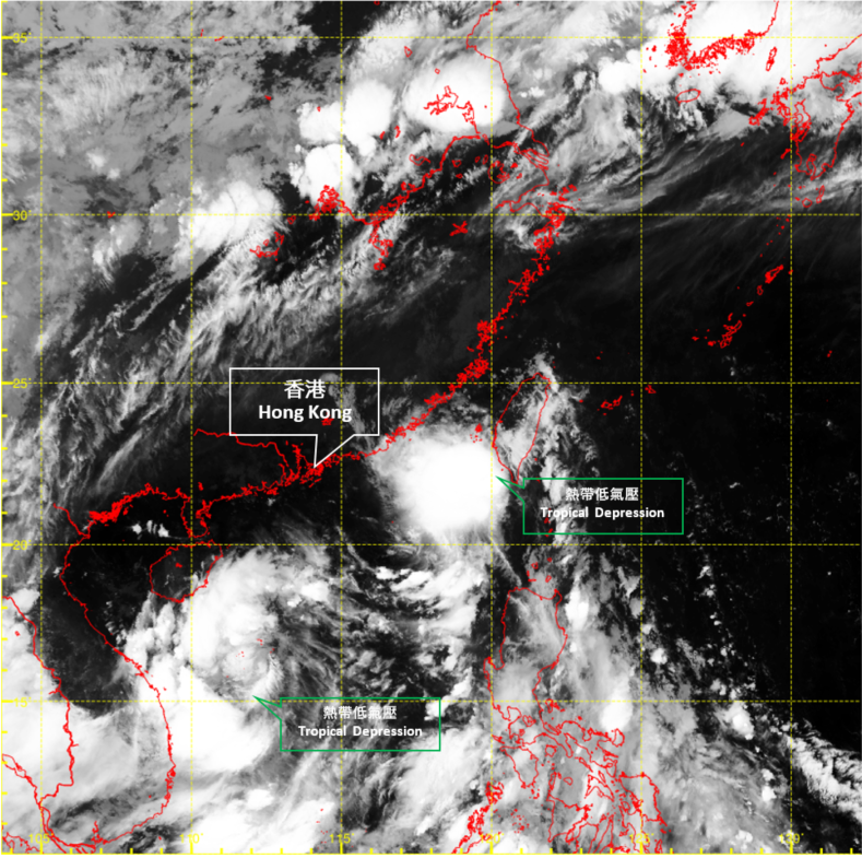 二零二一年七月六日上午5時左右的紅外線衛星圖片，當時第一個熱帶低氣壓集結在台灣南部附近，而第二個熱帶低氣壓則位於南海中部。