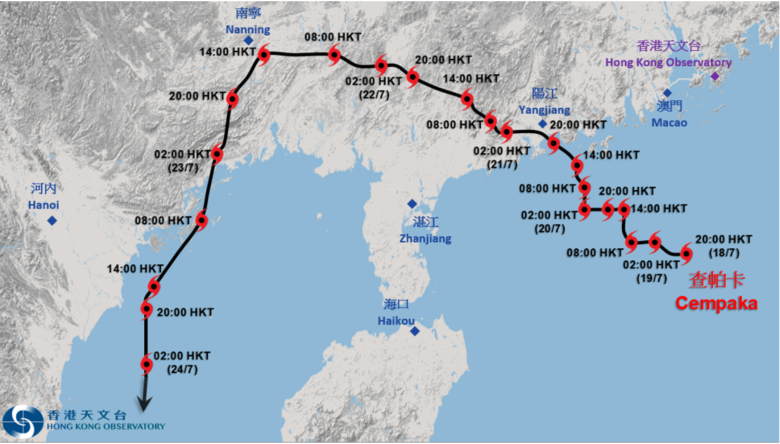 查帕卡接近香港時的路徑圖。