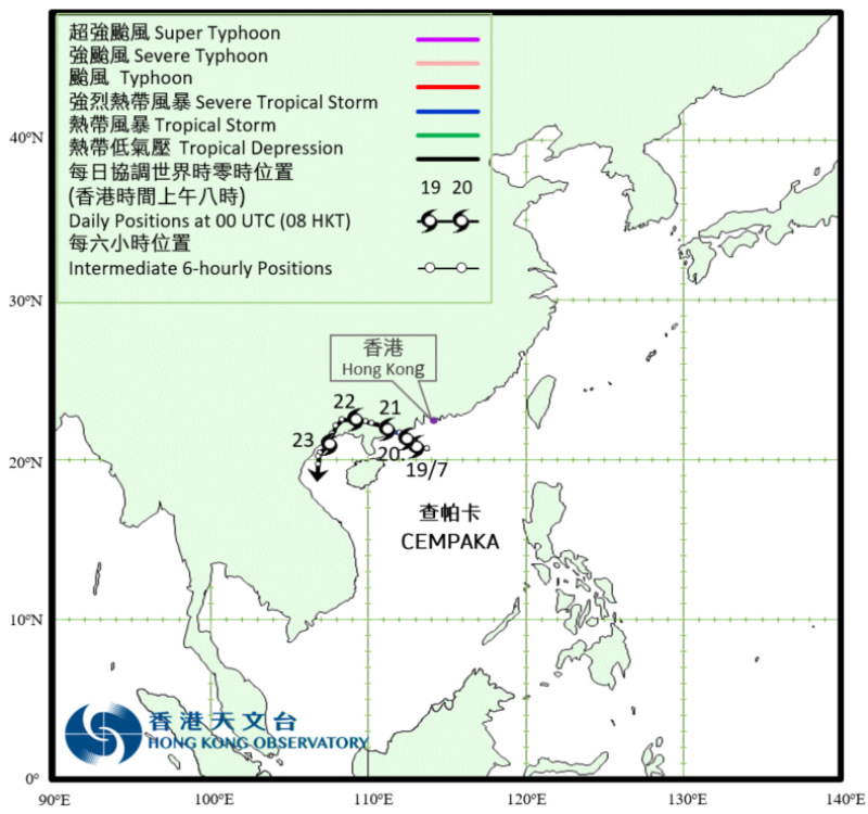 颱風查帕卡(2107)的路徑圖