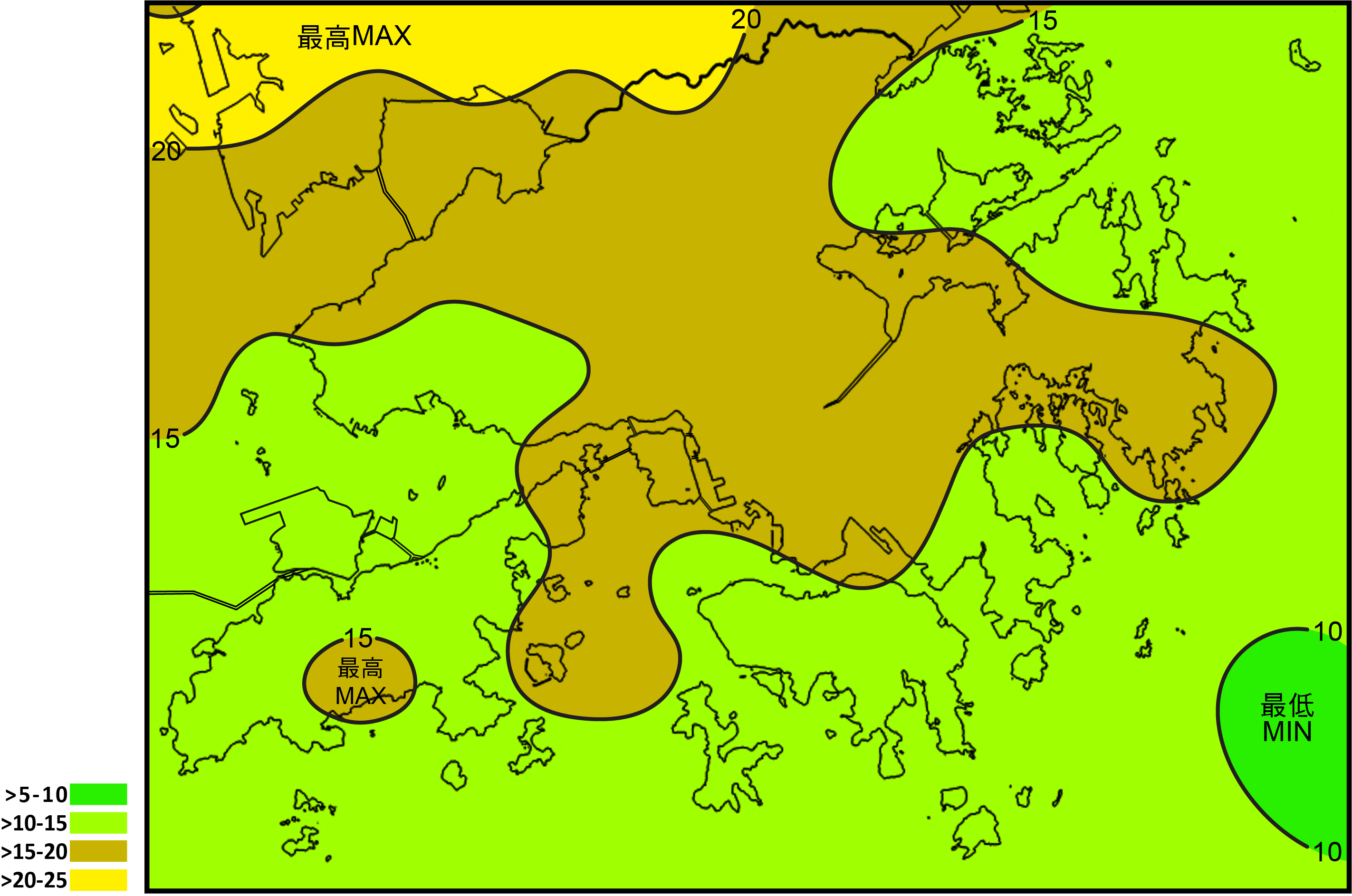 2006 年至 2023 年在香港境內每平方公里的年平均雲對地閃電次數普遍介乎10至20