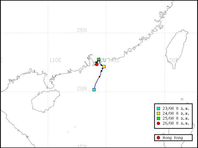 在2007年8月26日上午8時，到達香港氣團的過去72小時反軌跡路線
