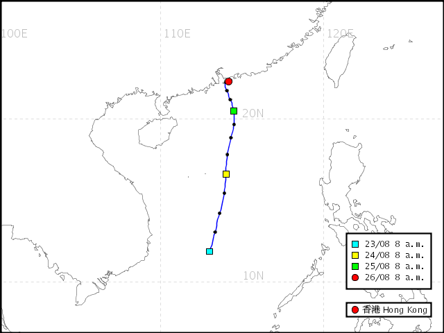 在2008年8月26日上午8時，到達香港氣團的過去72小時反軌跡路線