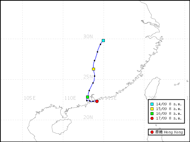在2008年9月17日上午8時，到達香港氣團的過去72小時反軌跡路線