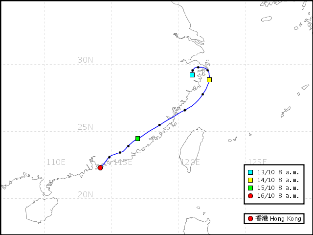 在2008年10月16日上午8時，到達香港氣團的過去72小時反軌跡路線