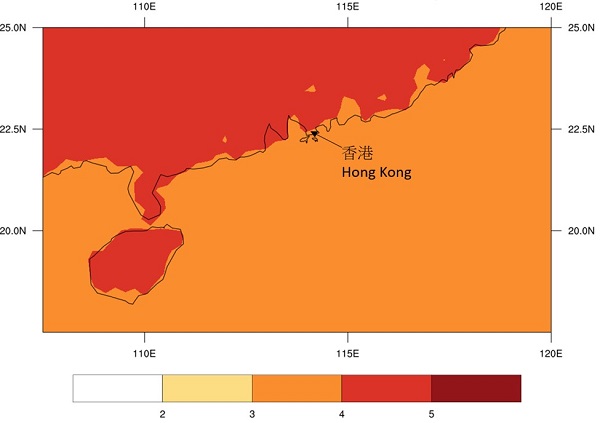 高溫室氣體濃度情景下世紀末華南沿岸地區年最高氣溫的變化 (°C)
