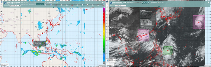 AI convective region nowcast (left) and automatic tropical cyclone position and intensity analyses (right) on the RSMC for Nowcasting website