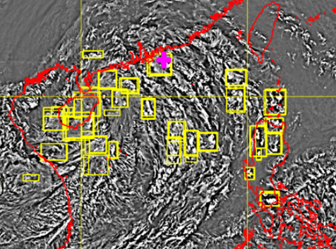 Figure 1: The high-pass filtered Himawari-8 geostationary satellite imagery at 06:40 UTC on 8 October 2021 showed convection induced AGW locations captured by the deep learning model (yellow boxes). The pink cross sign showed the location of pilot report reporting severe turbulence.