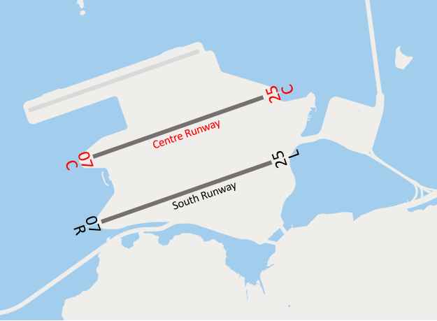Figure 1: Schematic Diagram of Runway Re-designation. The former North Runway now become the Centre Runway and designated as 07C and 25C. The Third Runway will be put into operation in 2022 and be designated as 07L and 25R.