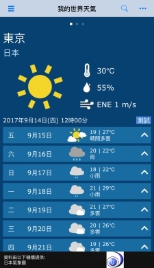 「我的世界天氣」提供世界各大城市的天氣資訊。按下底部的當地官方氣象機構標誌,可直接連結到其網站獲取詳細資料。