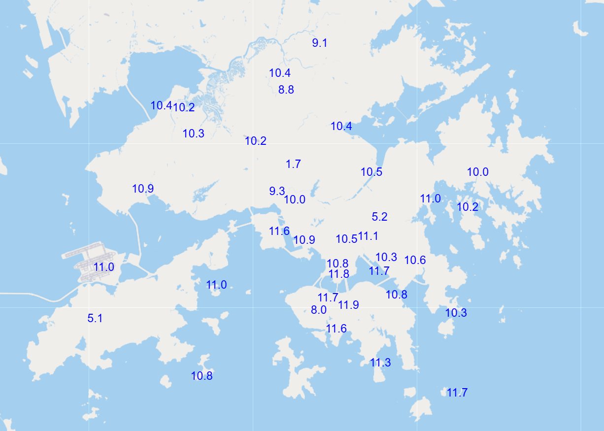 Minimum temperature distribution across various stations on 6 January (in degrees Celsius). The difference between urban areas and the New Territories was relatively small.