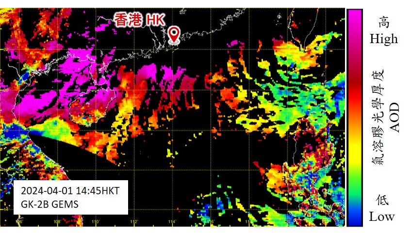 图5︰2024年4月1日14时45分左右GK-2B负载的地球同步环境监测光谱仪(GEMS)所测量到的气溶胶光学厚度(AOD)(资料来源︰韩国国家环境研究院)。