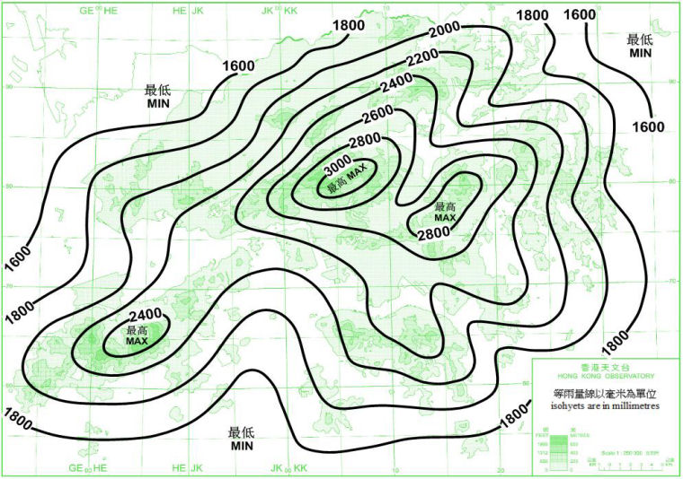 Map showing distribution of mean annual
 rainfall in Hong Kong, 1981-2010