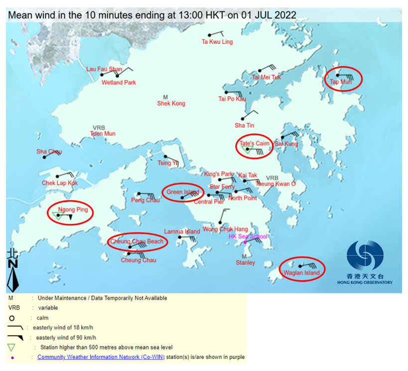 10 minutes mean wind direction and speed of Hong Kong at 01:00pm on 1 July 2022. The weather stations with gale winds (10 minutes mean wind speed reached 63 kilometres per hour) or above are circled in red. Please refer to the legend on the bottom left corner for the interpretation of wind barbs.