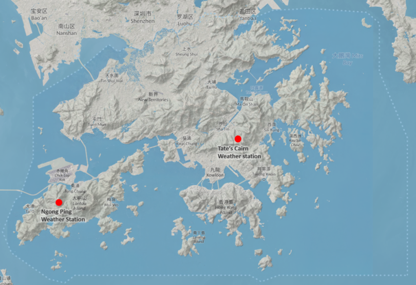 Topography of Hong Kong. The elevation of ground above mean sea-level for Tate’s Cairn and Ngong Ping weather stations are about 572 metres and 593 metres respectively.
