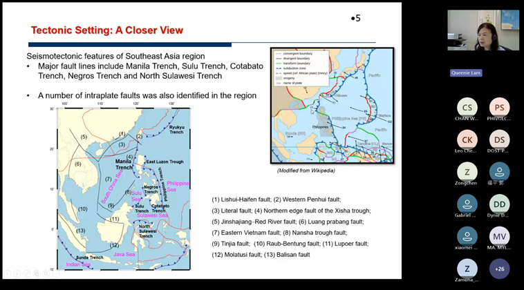 Ms Queenie Lam, Senior Scientific Officer of the Hong Kong Observatory (Chair of the TT-CDS of WG-SCS) delivered a talk on the potential tsunami sources in the South China Sea region at the online training course
