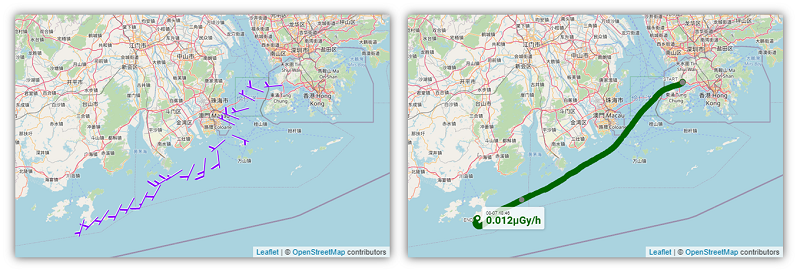 The Observatory received in real time the wind (left) and environmental radiation level (right) data measured by the fishing vessel enroute from Hong Kong to Shangchuan Dao