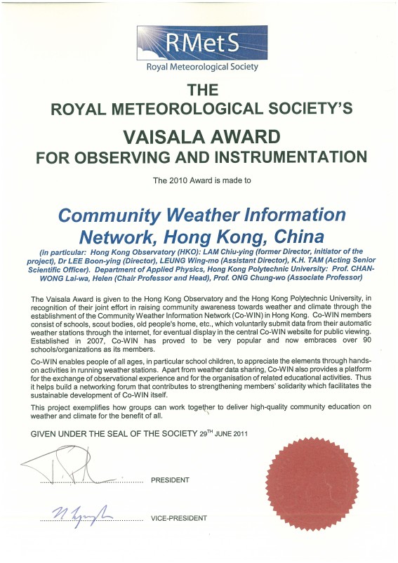 2010 Vaisala Award for Weather Observing and Instrumentation won by the Community Weather Information Network