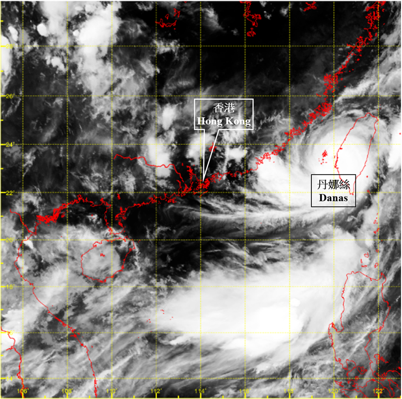 Infra-red satellite imagery at around 11 p.m. on 6 July 2025 when Danas rapidly intensified into a severe typhoon near the western coast of Taiwan and reached its peak intensity with an estimated maximum sustained wind of 155 km/h near its centre.