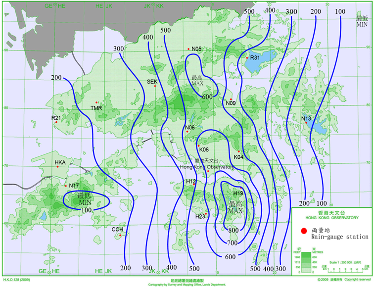 二零二三年九月四日至八日的雨量分佈(等雨量線單位為毫米)。