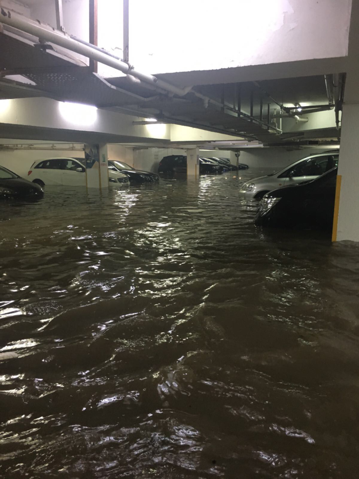 Sea water flowed into an underground  car park  in Heng Fa Chuen