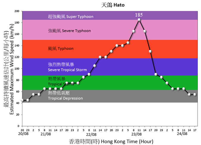 Time series of the maximum sustained wind speed near the centre of Hato.