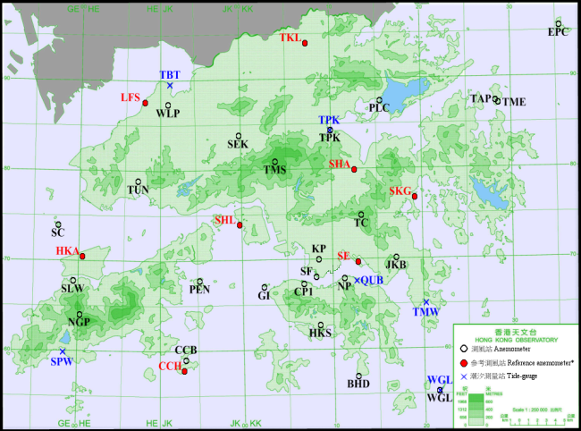 Locations of anemometers and tide gauge stations mentioned in this report