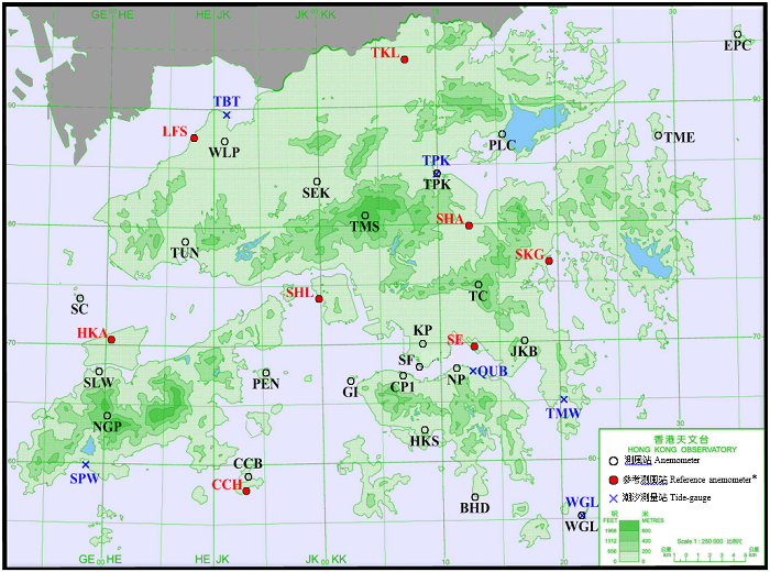 Locations of anemometers and tide gauge stations mentioned in this report