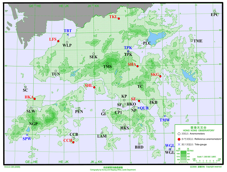 Locations of anemometers and tide gauge stations mentioned in this report