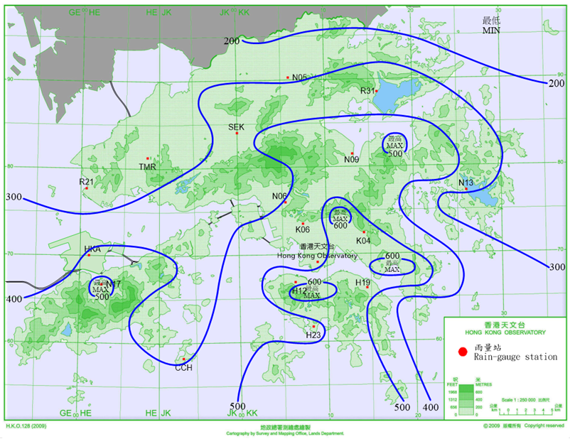 二零二三年十月四日至九日的雨量分佈(等雨量線單位為毫米)。