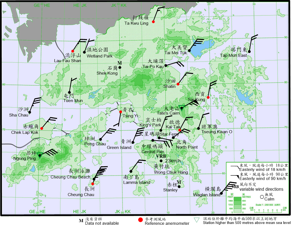 10-minute mean wind direction and speed recorded at various stations in Hong Kong at 4:20 a.m. on 13 October 2021. At that time, winds at Tate’s Cairn reached hurricane force, while winds at Green Island, Ngong Ping, Waglan Island, Cheung Chau and Cheung Chau Beach reached gale force.