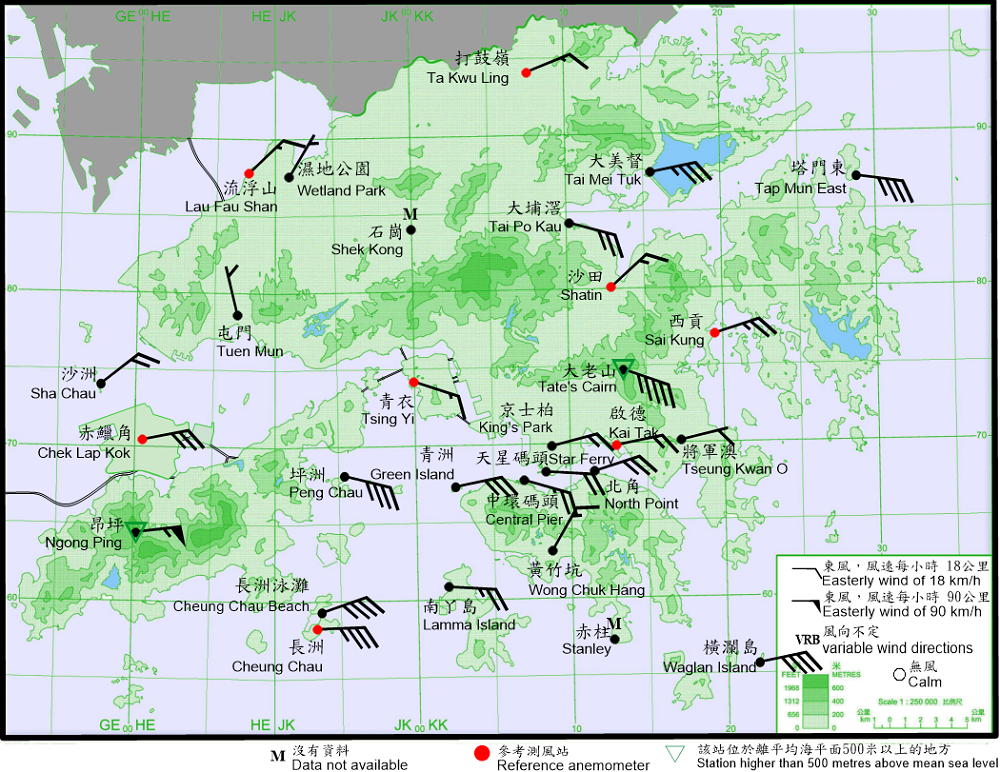 10-minute mean wind direction and speed recorded at various stations in Hong Kong at 11:00 a.m. on 13 October 2021. At that time, winds at Ngong Ping and Tate’s Cairn reached storm force, while winds at Cheung Chau, Cheung Chau Beach, Peng Chau, Tap Mun East and Waglan Island reached gale force.