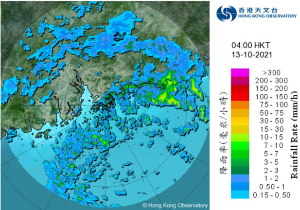Radar echoes captured at 4 a.m. on 13 October 2021 when Kompasu was closest to Hong Kong, skirting past about 360 km south of the territory. The rainbands associated with Kompasu were affecting the coast of Guangdong and the northern part of the South China Sea.