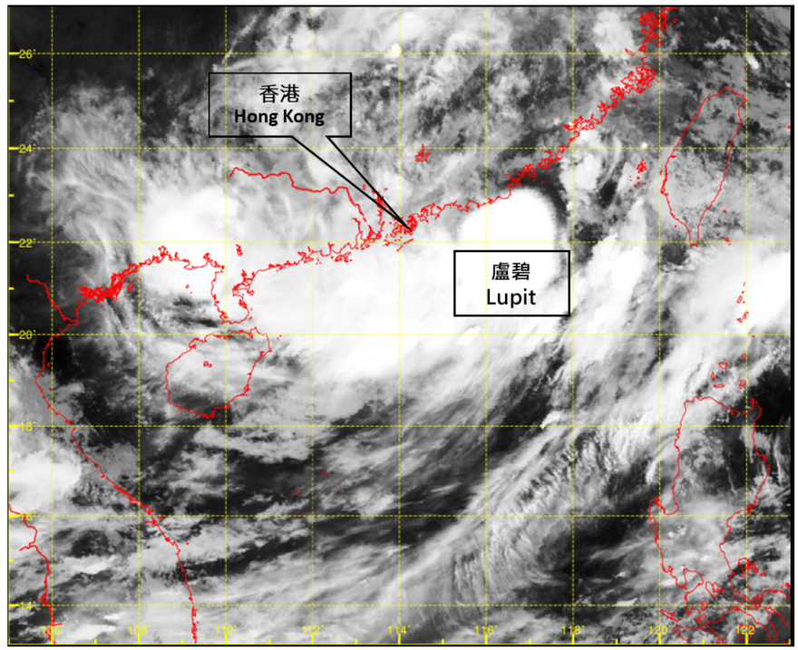 Infra-red satellite imagery around 2 a.m. on 5 August 2021, when Lupit was at its peak intenisty with an estimated sustained wind of 85 km/h near its centre. 