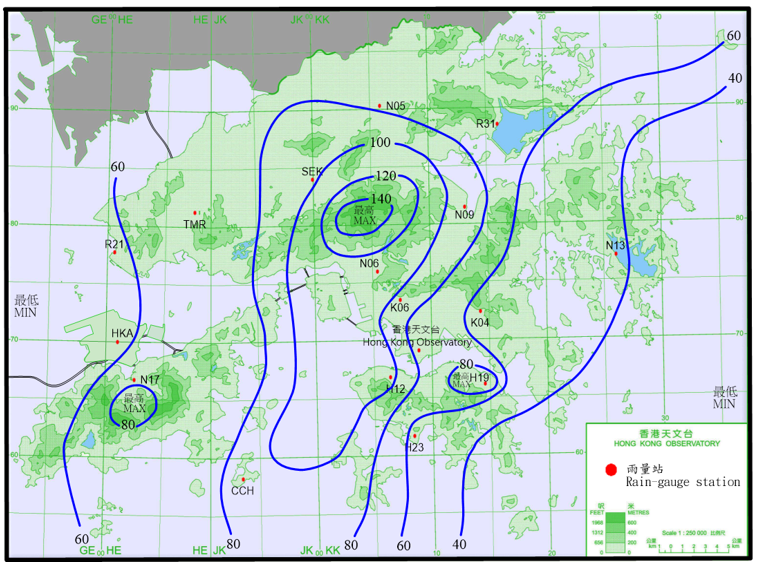 二零二四年五月三十日至六月一日的雨量分布(等雨量线单位为毫米)。