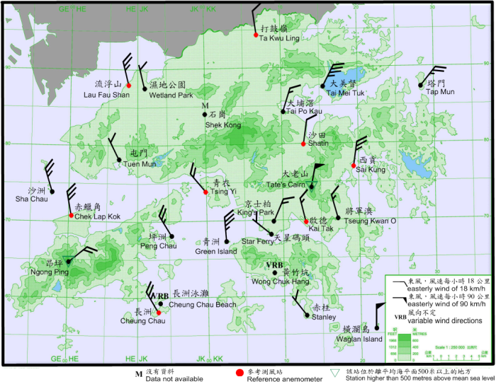 10-minute mean wind direction and speed recorded at various stations in Hong Kong at 8:20 p.m. on 12 June 2017. Winds at Waglan Island and Tate’s Cairn reached storm force at the time.