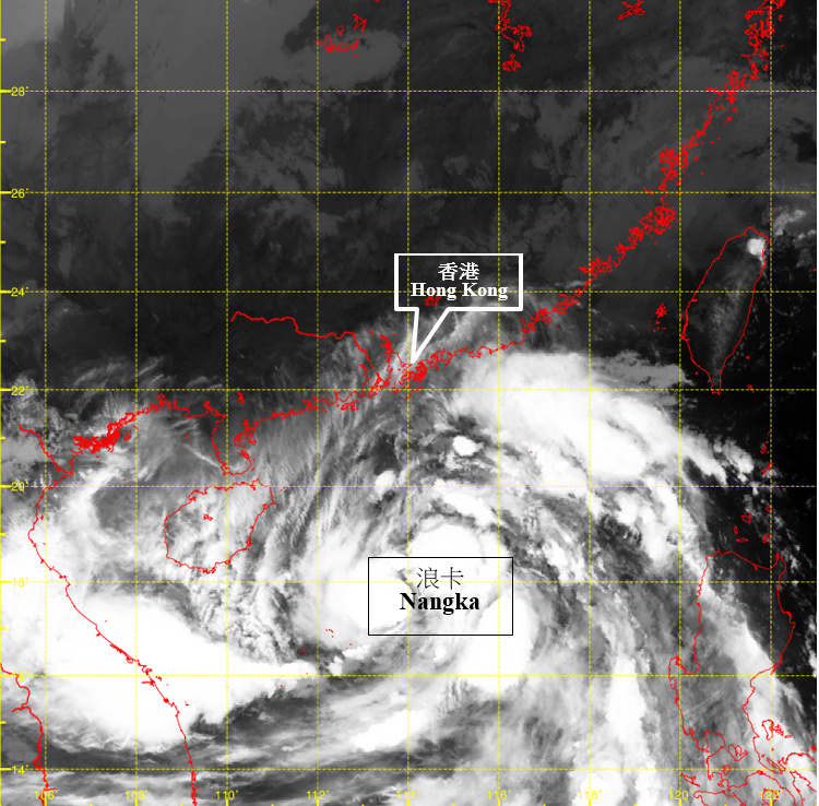 Infra-red satellite imagery around 11 p.m. on 12 October 2020, when Nangka was at peak intensity with estimated maximum sustained winds of 85 km/h near its centre.