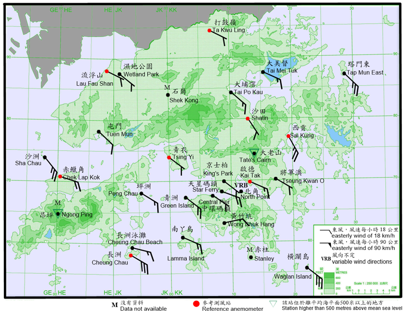 10-minute mean wind direction and speed recorded at various stations in Hong Kong at 1:50 a.m. on 14 June 2020. Winds reached strong force at Sai Kung, Cheung Chau, Sha Chau, Tap Mun East and Waglan Island at that time.