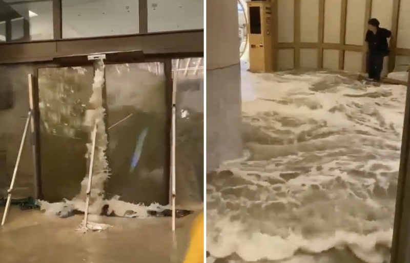 受桦加沙引发的越堤浪影响，香港仔有酒店玻璃门被海水冲至爆裂，海水涌入大堂。(网上片段截图)