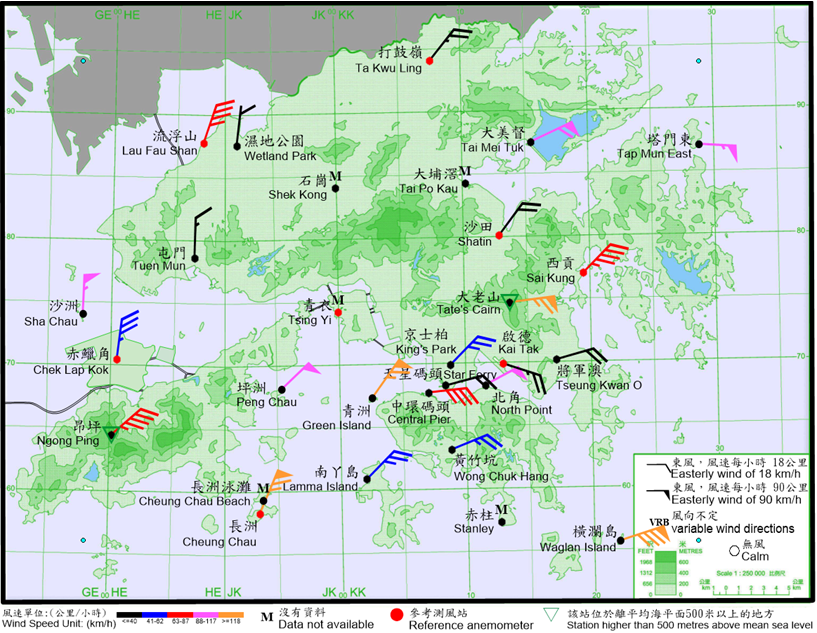 10-minute mean wind direction and speed recorded at various stations in Hong Kong at 10:20 p.m. on 1 September 2023. Local winds were generally northeasterlies, with winds at Cheung Chau, Waglan Island, Green Island and Tate’s Cairn reaching hurricane force at the time.